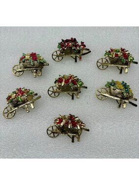 1970s 7 Hand Painted Flower Cart Enamel Scatter Pin-Brooch Lot NOS